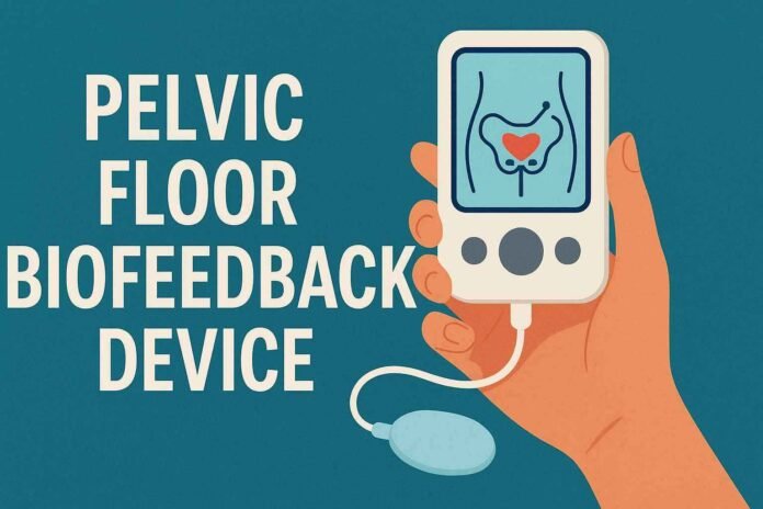 Hand holding a pelvic floor biofeedback device with pelvic anatomy display on screen