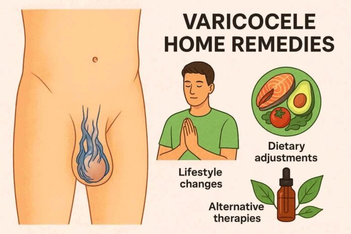 Vericocele Home Remedies illustration showing enlarged scrotal veins with natural treatments including lifestyle changes, dietary improvements, and alternative therapies.