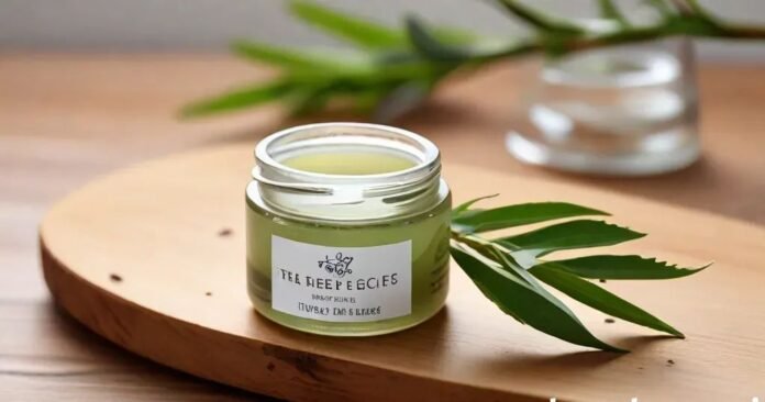 Natural Tea Tree Gel in Clear Jar with Fresh Tea Tree Leaves Tea tree gel in a clear jar with fresh tea tree leaves on wooden surface, representing natural skincare and healing benefits.