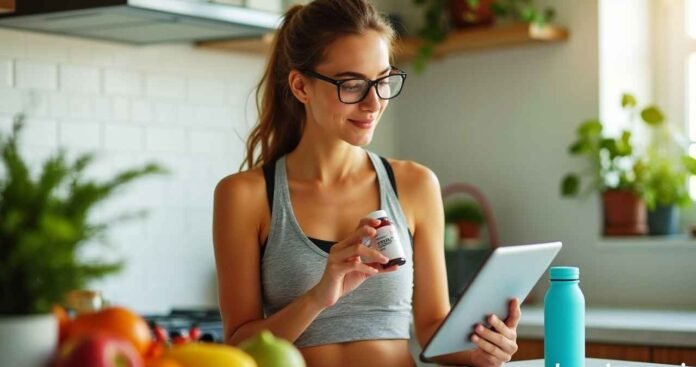 Smart woman holding slim shots bottle and checking details on tablet.