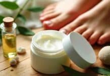 Tea Tree Foot Cream: Benefits, Alternatives, and Where to Buy Open jar of tea tree foot cream with tea tree leaves, essential oil, and pumice stones on a wooden surface