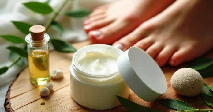 Tea Tree Foot Cream with Natural Ingredients – Spa Flat Lay Open jar of tea tree foot cream with tea tree leaves, essential oil, and pumice stones on a wooden surface