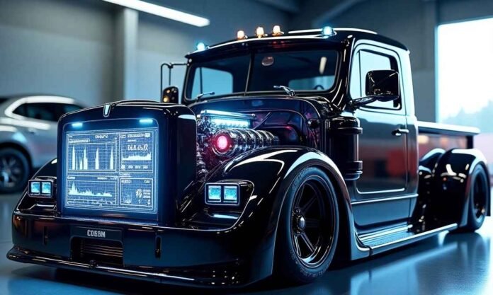 Etruesporting Hidden Motorsport Performance ETS Hacks Showcase Racing truck tuned with etruesporting hidden motorsport performance ETS hacks in a futuristic garage