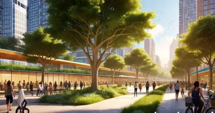 Futuristic smart city illustration with green rooftops, solar skyscrapers, electric buses, bike lanes, and a 3D digital twin hologram, showcasing Urbarna sustainable urban innovation.