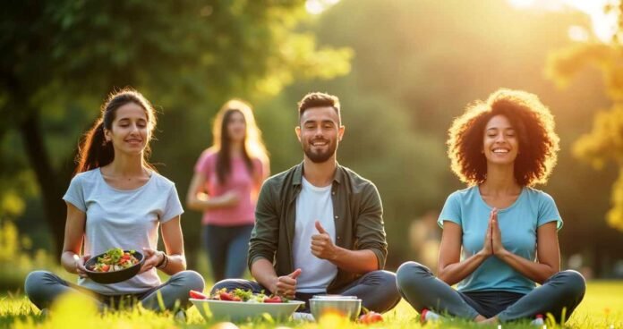 People practicing smart lifestyles by meditating and eating healthy food outdoors in a sunny park
