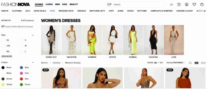 Fashion Nova website showing dozens of clothing styles, But Does Fashion Nova Use Sustainable Clothing?
