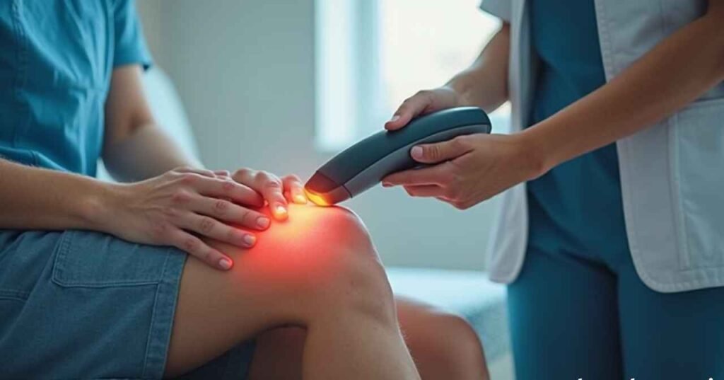 SoftWave Therapy for knees session showing non-invasive pain treatment in a clinic