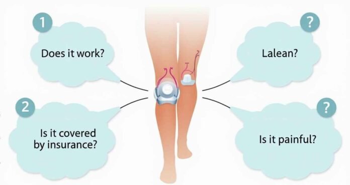 SoftWave Therapy For Knee FAQs infographic with questions about cost, effectiveness, and risks