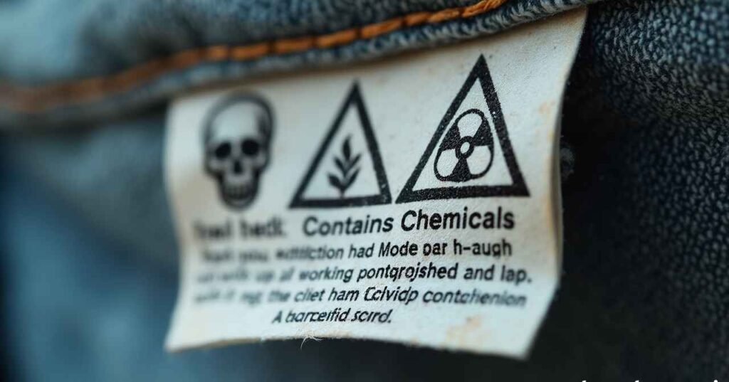 Polyester clothing tag with warning symbols