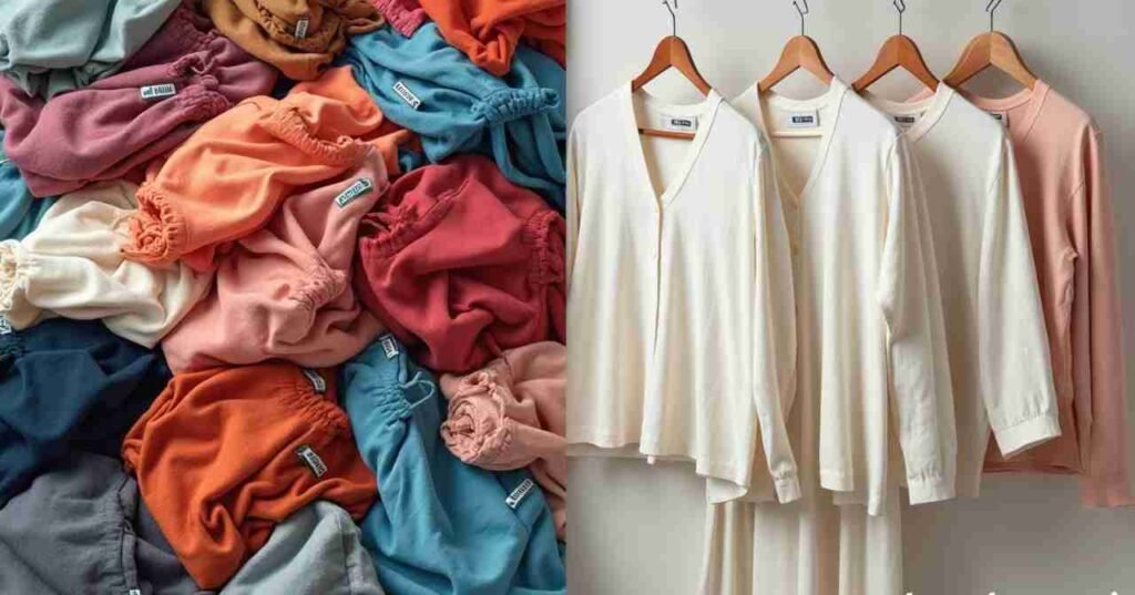 Fast fashion pile of clothes vs eco-friendly garments