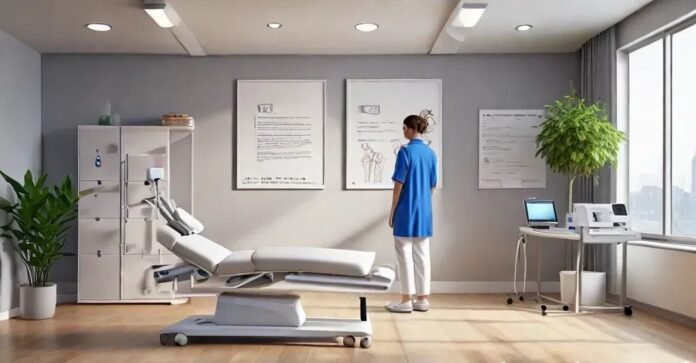 Patient receiving Softwave therapy treatment in a clinic with insurance documents and calculator symbolizing the cost of Softwave therapy