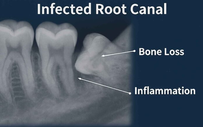 Root Canal Infected Tooth X-Ray_11zon Root canal infected tooth X-ray showing dark area at the root tip.