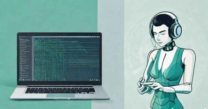 DeepSeek vs ChatGPT AI comparison showing laptop with coding interface and futuristic AI assistant in teal colors representing advanced AI tools for bloggers
