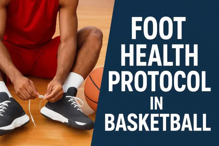 Basketball player tying shoelaces on court with basketball beside him, highlighting Foot Health Protocol in Basketball