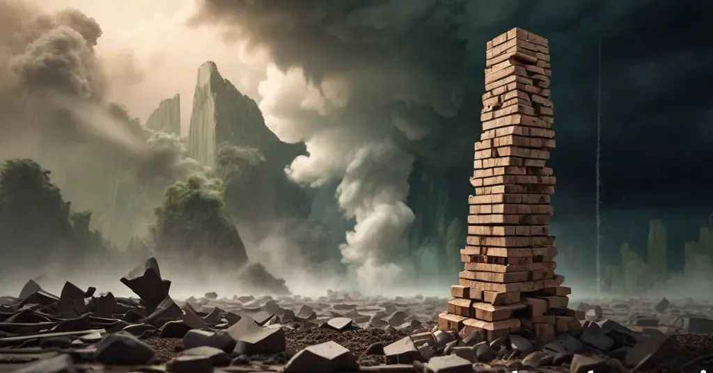 A conceptual Jenga tower made of ecosystem blocks like the Amazon rainforest and Arctic ice, tilting precariously with some blocks crumbling into smoke.
