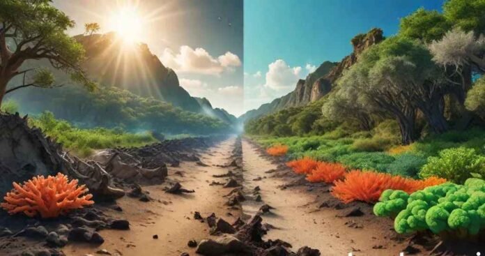 climate-change-biodiversity-split-visualization_11zon A split image contrasting a dying, bleached coral reef and a dry, cracked landscape on the left, with a vibrant, healthy coral reef and a lush green forest on the right, symbolizing the link between climate change and biodiversity