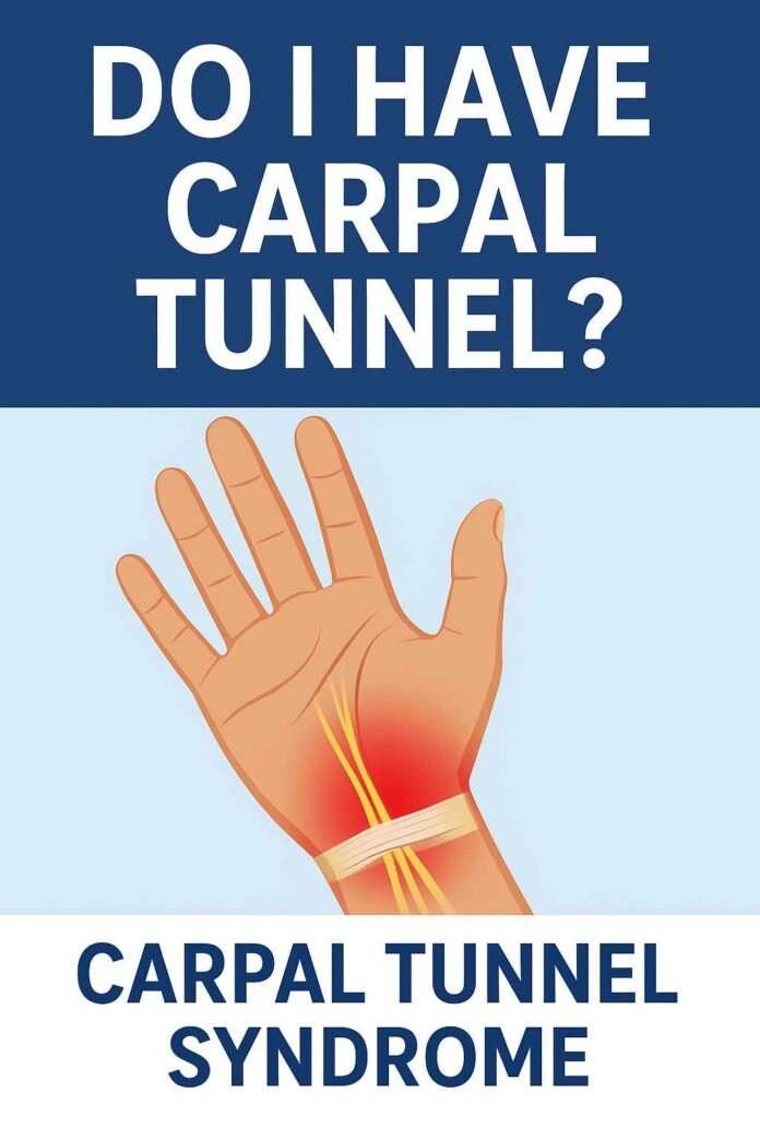 "Illustration of a human hand with highlighted median nerve and wrist pain, asking 'Do I Have Carpal Tunnel?' – awareness about carpal tunnel syndrome symptoms."