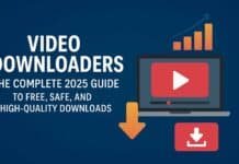 A digital illustration showing people downloading videos on laptops and mobile devices, representing modern video downloader tools and software.