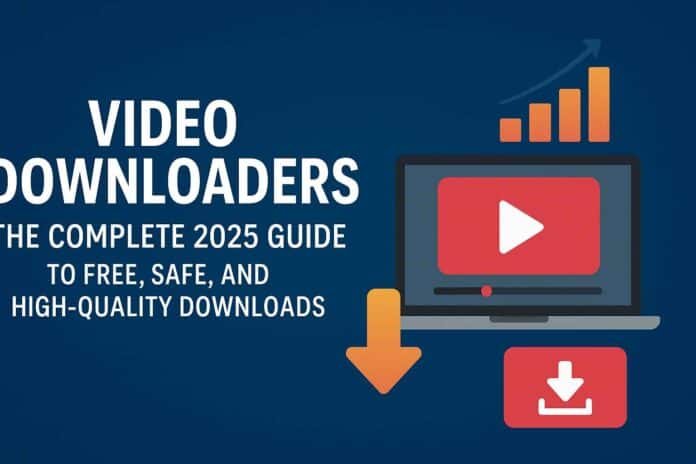 A digital illustration showing people downloading videos on laptops and mobile devices, representing modern video downloader tools and software.